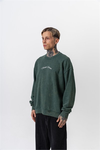 Erkek Divided Baskılı Yıkamalı Bisiklet Yaka Oversize Sweatshirt Yeşil