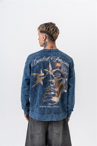 Erkek Divided Baskılı Yıkamalı Bisiklet Yaka Oversize Sweatshirt İndigo