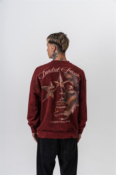 Erkek Divided Baskılı Yıkamalı Bisiklet Yaka Oversize Sweatshirt Bordo