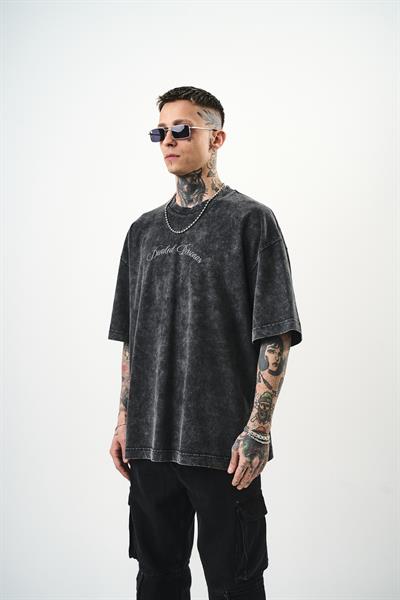Erkek Divided Personas Baskılı Yıkamalı Oversize T-Shirt Antrasit