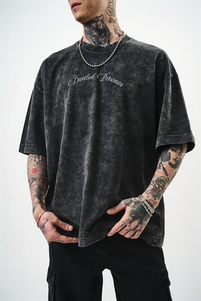Erkek Divided Personas Baskılı Yıkamalı Oversize T-Shirt Antrasit
