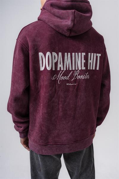 Erkek Dopamine Hit Baskılı Kapüşonlu Oversize Hoodie Vişne