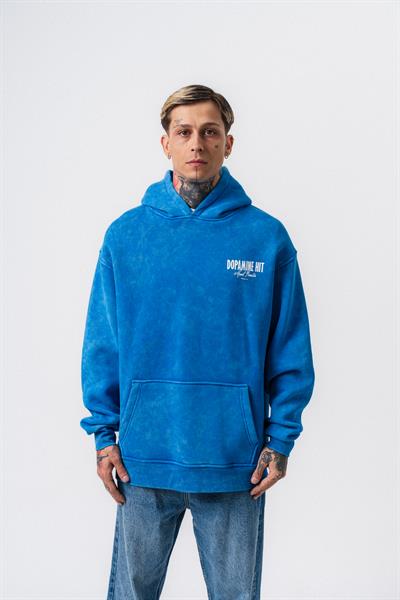 Erkek Dopamine Hit Baskılı Kapüşonlu Oversize Hoodie Mavi
