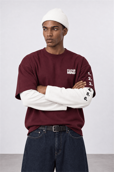 Erkek Double Sleeve Oversize Sweatshirt Bordo