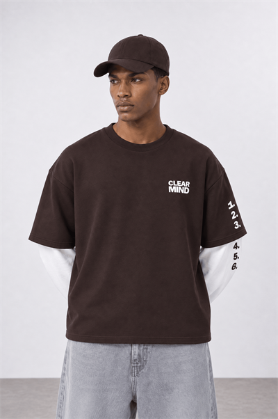 Erkek Double Sleeve Oversize Sweatshirt Kahve