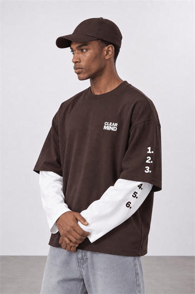 Erkek Double Sleeve Oversize Sweatshirt Kahve