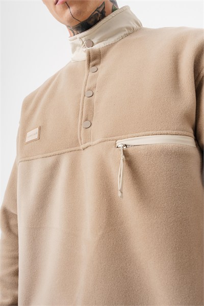 Erkek Düğme Detaylı Oversize Polar Sweatshirt Bej