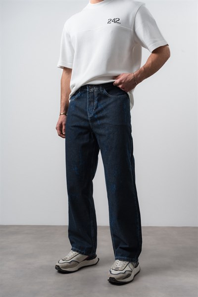 Erkek Efektli Baggy Jean Lacivert