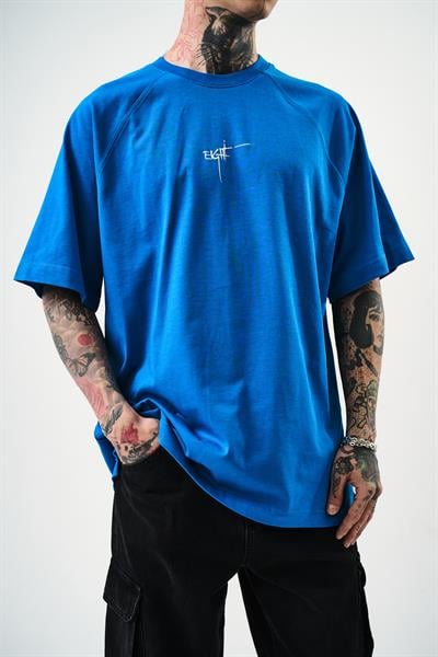 Erkek Eight Baskılı Oversize T-Shirt Mavi