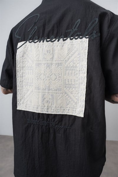 Erkek Elementals Nakışlı Oversize Gömlek Siyah