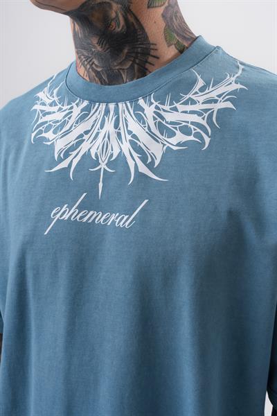 Erkek Ephemeral Baskılı Yıkamalı Oversize T-Shirt Mavi