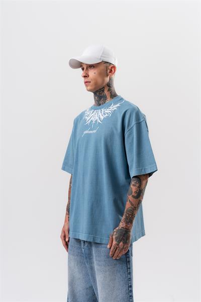 Erkek Ephemeral Baskılı Yıkamalı Oversize T-Shirt Mavi