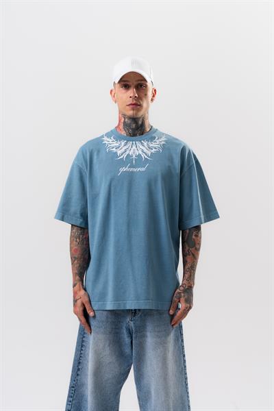Erkek Ephemeral Baskılı Yıkamalı Oversize T-Shirt Mavi