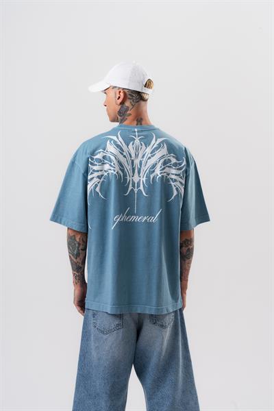 Erkek Ephemeral Baskılı Yıkamalı Oversize T-Shirt Mavi