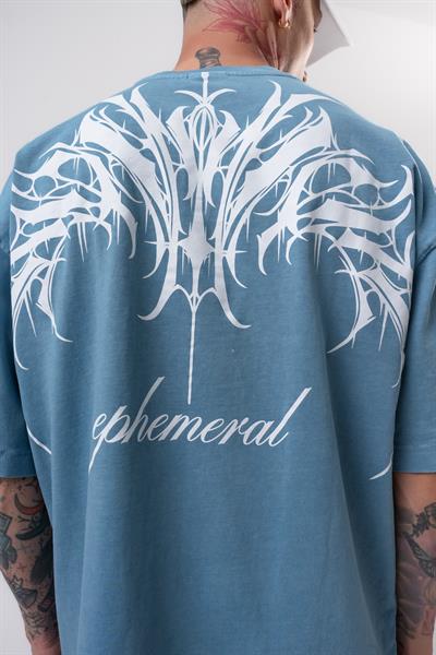 Erkek Ephemeral Baskılı Yıkamalı Oversize T-Shirt Mavi