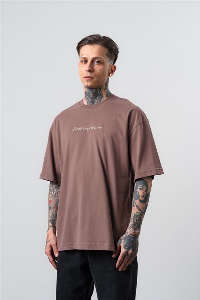 Erkek Essential Nakış Detaylı Oversize T-Shirt Kahve
