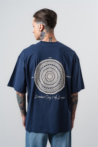 Erkek Essential Nakış Detaylı Oversize T-Shirt Lacivert