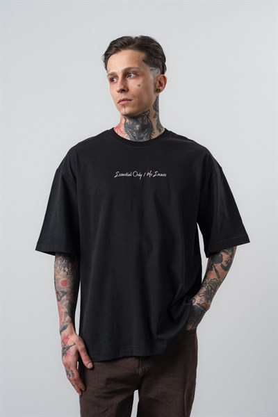 Erkek Essential Nakış Detaylı Oversize T-Shirt Siyah