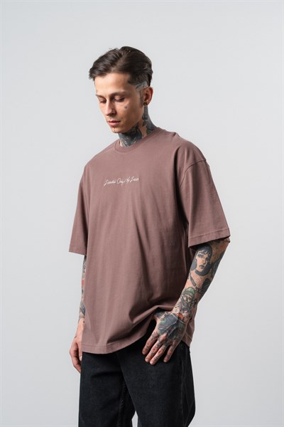 Erkek Essential Nakış Detaylı Oversize T-Shirt Kahve