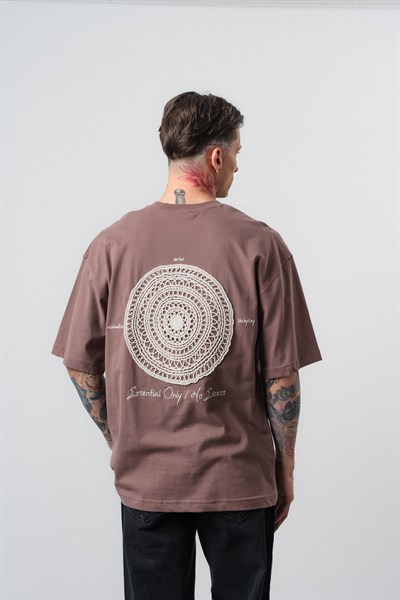 Erkek Essential Nakış Detaylı Oversize T-Shirt Kahve