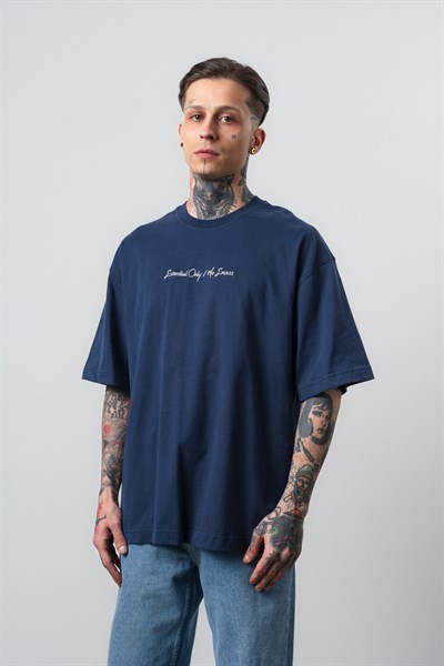 Erkek Essential Nakış Detaylı Oversize T-Shirt Lacivert