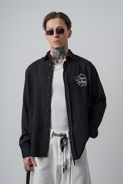 Erkek Eternal Nakışlı Uzun Kollu Keten Oversize Gömlek Siyah