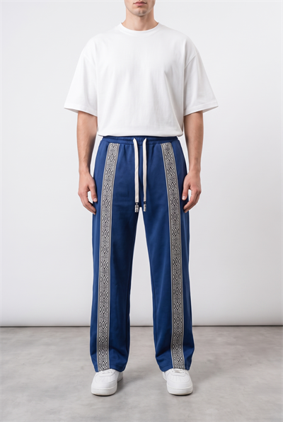 Erkek Etnik Şerit Detaylı Doubleface Baggy Eşofman Altı Lacivert