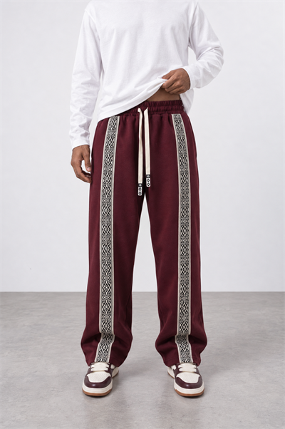 Erkek Etnik Şerit Detaylı Doubleface Baggy Eşofman Altı Bordo