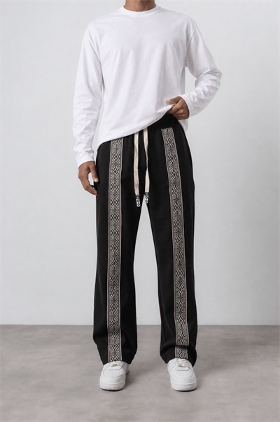 Erkek Etnik Şerit Detaylı Doubleface Baggy Eşofman Altı Siyah