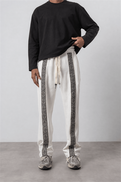 Erkek Etnik Şerit Detaylı Doubleface Baggy Eşofman Altı Ekru