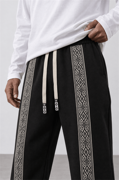 Erkek Etnik Şerit Detaylı Doubleface Baggy Eşofman Altı Siyah