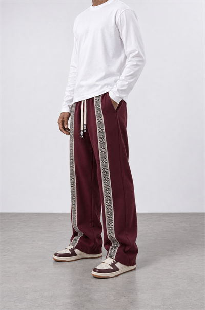 Erkek Etnik Şerit Detaylı Doubleface Baggy Eşofman Altı Bordo