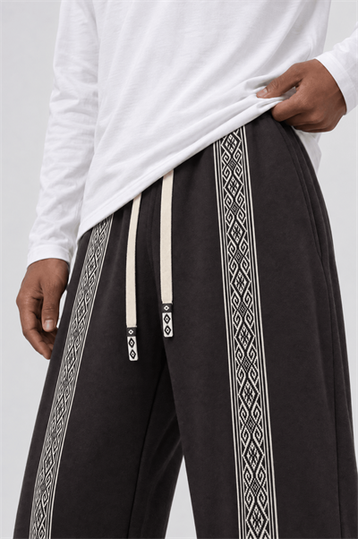 Erkek Etnik Şerit Detaylı Doubleface Baggy Eşofman Altı Kahve