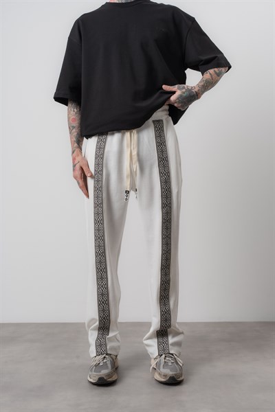 Erkek Etnik Şerit Detaylı Doubleface Baggy Eşofman Altı Ekru