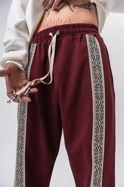 Erkek Etnik Şerit Detaylı Doubleface Baggy Eşofman Altı Bordo
