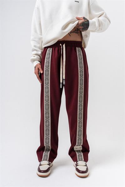 Erkek Etnik Şerit Detaylı Doubleface Baggy Eşofman Altı Bordo