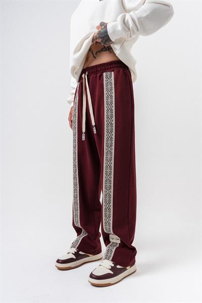 Erkek Etnik Şerit Detaylı Doubleface Baggy Eşofman Altı Bordo