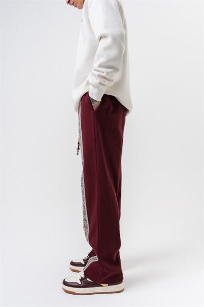 Erkek Etnik Şerit Detaylı Doubleface Baggy Eşofman Altı Bordo