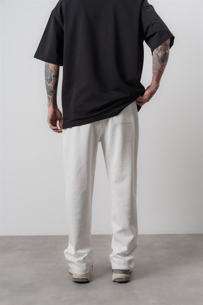 Erkek Etnik Şerit Detaylı Doubleface Baggy Eşofman Altı Ekru