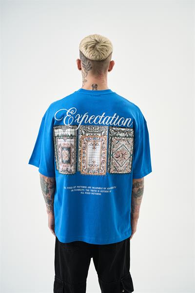 Erkek Expectation Nakışlı Oversize T-Shirt Mavi