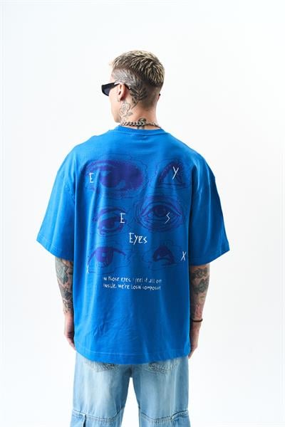 Erkek Eyes Baskılı Oversize T-Shirt Mavi