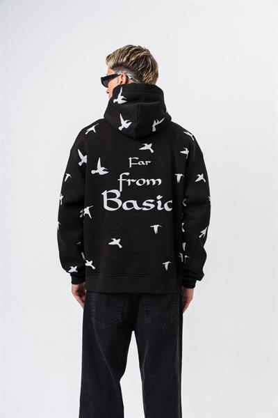 Erkek Far From Basic Baskılı Kapüşonlu Oversize Hoodie Siyah
