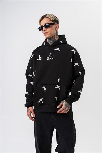 Erkek Far From Basic Baskılı Kapüşonlu Oversize Hoodie Siyah