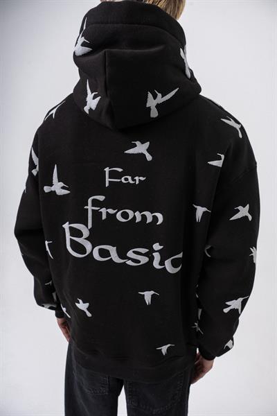 Erkek Far From Basic Baskılı Kapüşonlu Oversize Hoodie Siyah
