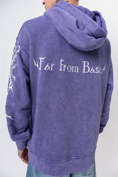 Erkek Far From Basic Baskılı Yıkamalı Kapüşonlu Oversize Hoodie Mor