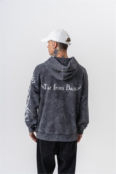 Erkek Far From Basic Baskılı Yıkamalı Kapüşonlu Oversize Hoodie Siyah