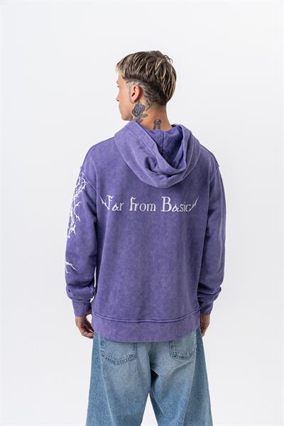 Erkek Far From Basic Baskılı Yıkamalı Kapüşonlu Oversize Hoodie Mor