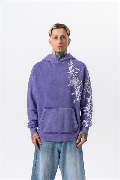 Erkek Far From Basic Baskılı Yıkamalı Kapüşonlu Oversize Hoodie Mor