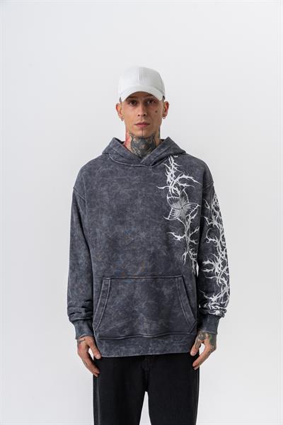 Erkek Far From Basic Baskılı Yıkamalı Kapüşonlu Oversize Hoodie Siyah
