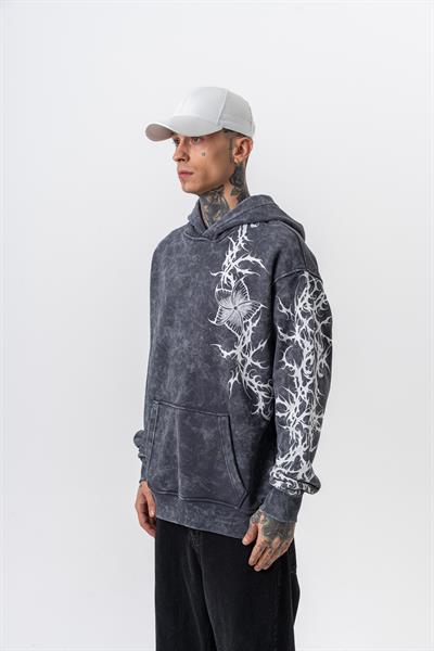 Erkek Far From Basic Baskılı Yıkamalı Kapüşonlu Oversize Hoodie Siyah